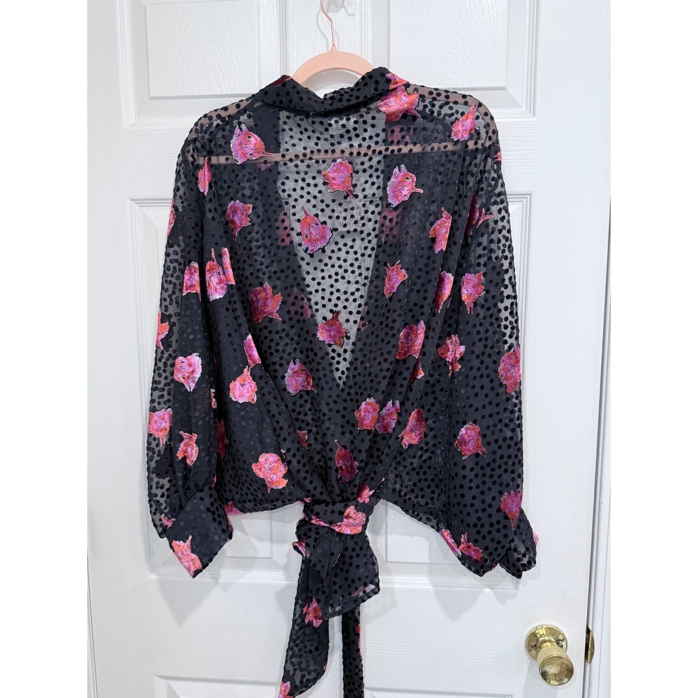 Free People Allure Velvet Tie Front Kimono Black Pink Floral Burnout OS NWT
